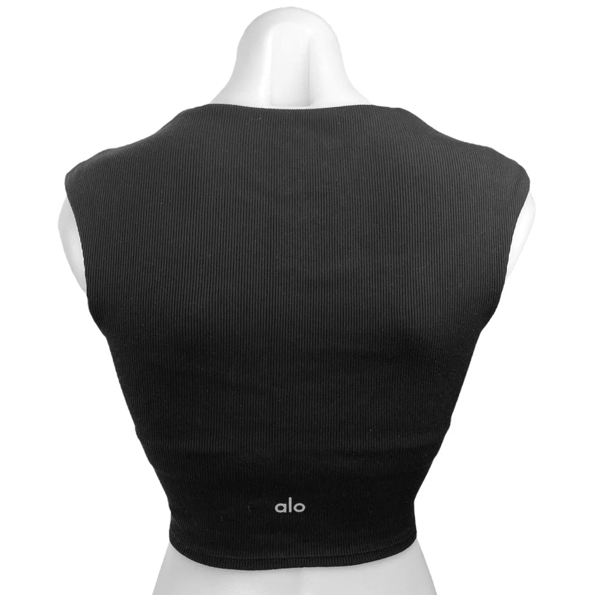 Alo Black Cap Sleeve Ribbed Knit Workout Sports Bra Athletic Crop Top Size XS