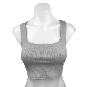 Alo Gray Square Neck Rib Knit Activewear Athletic Cropped Tank Top Sports Bra XS