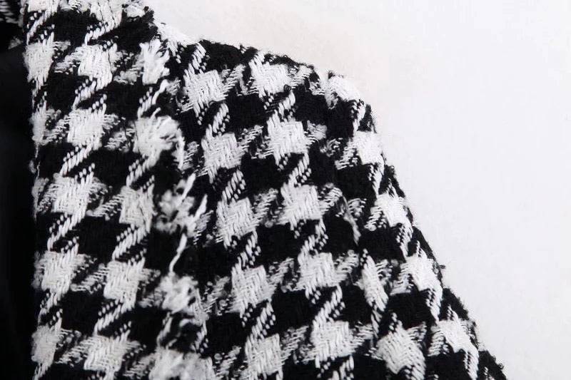 Black And White Houndstooth Blazer Coat With Gold Buttons