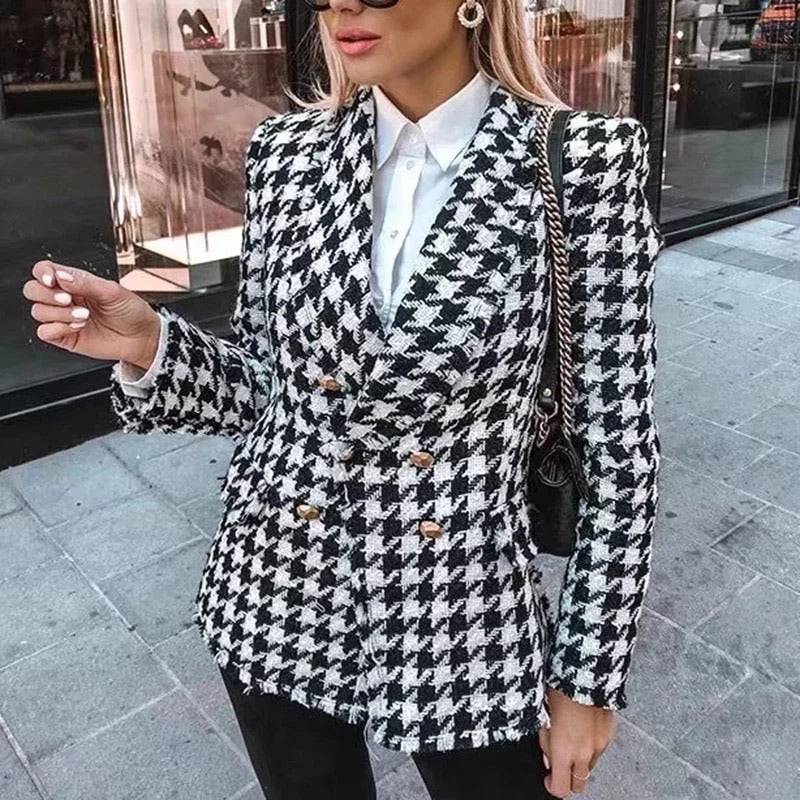 Black And White Houndstooth Blazer Coat With Gold Buttons