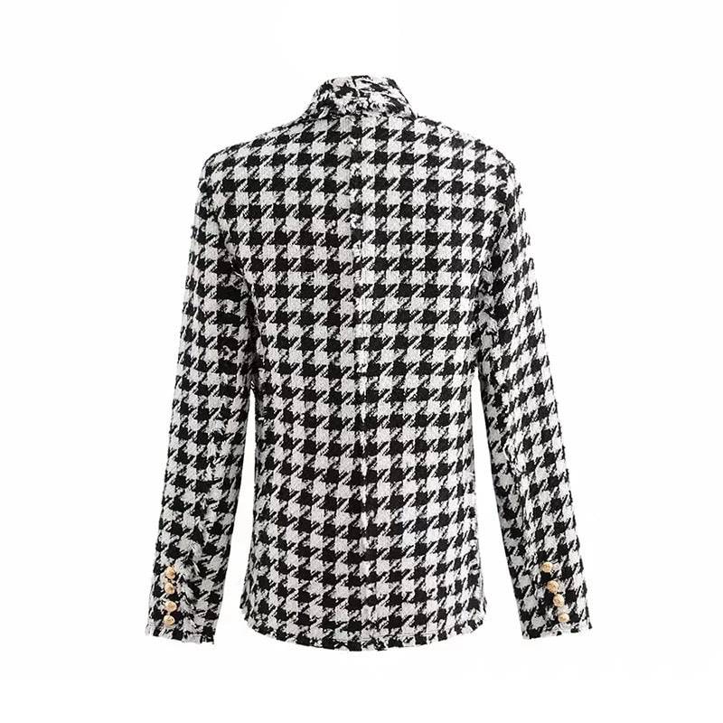 Black And White Houndstooth Blazer Coat With Gold Buttons