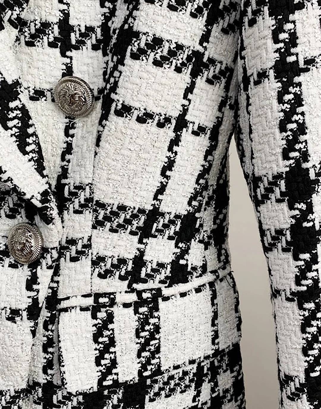 Black and White Tweed Silver Button Blazer