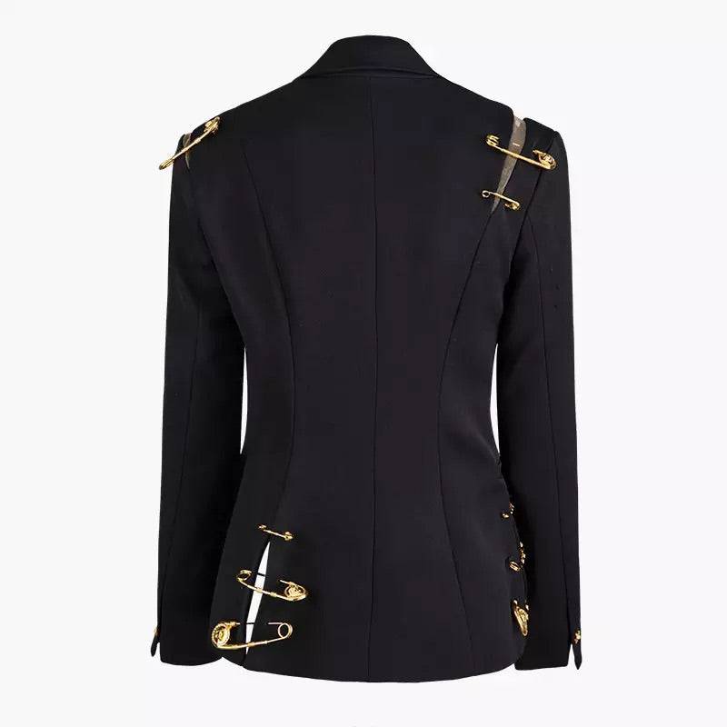 Black Blazer With Golden Safety Pin Trims