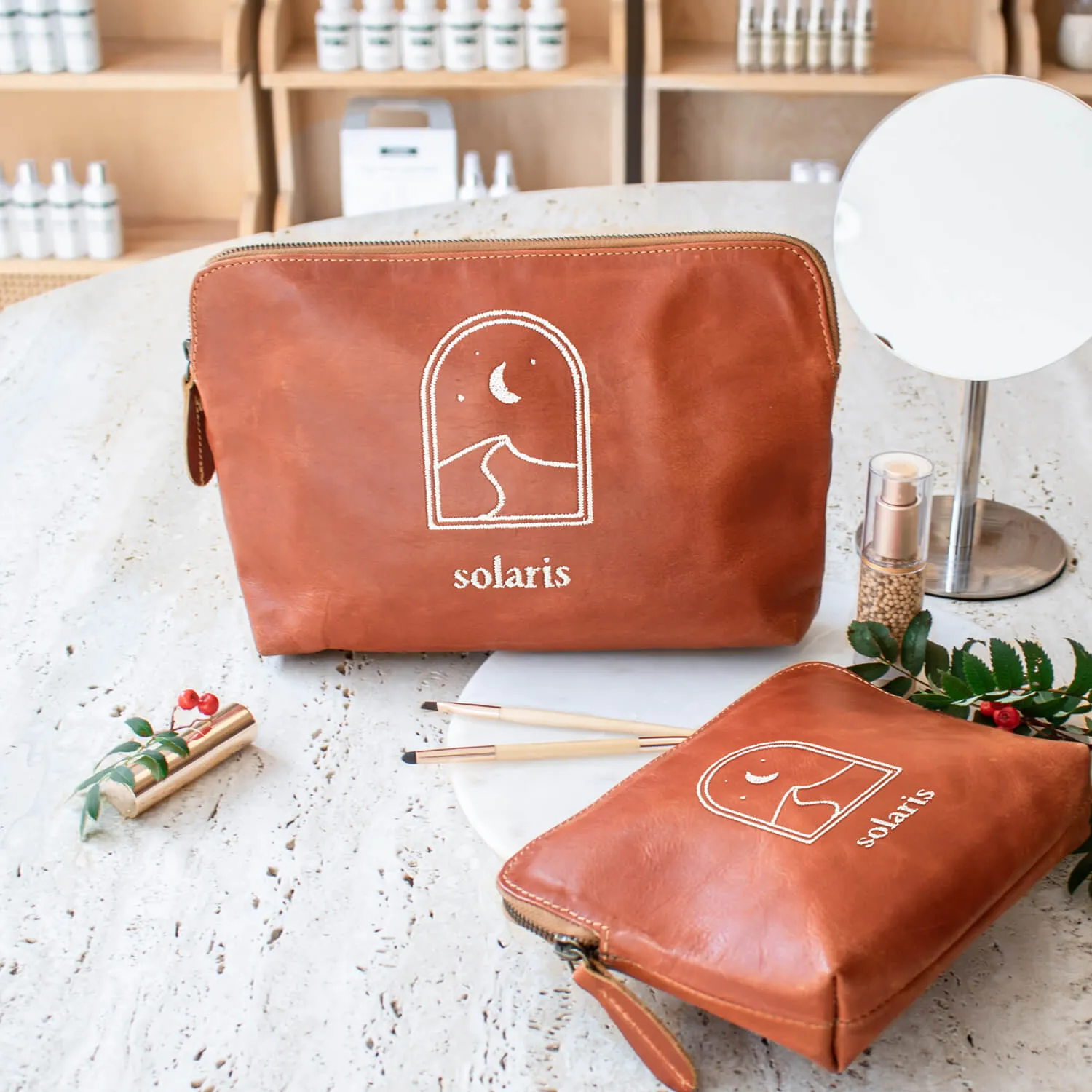 Branded Leather Wash & Cosmetics Bags