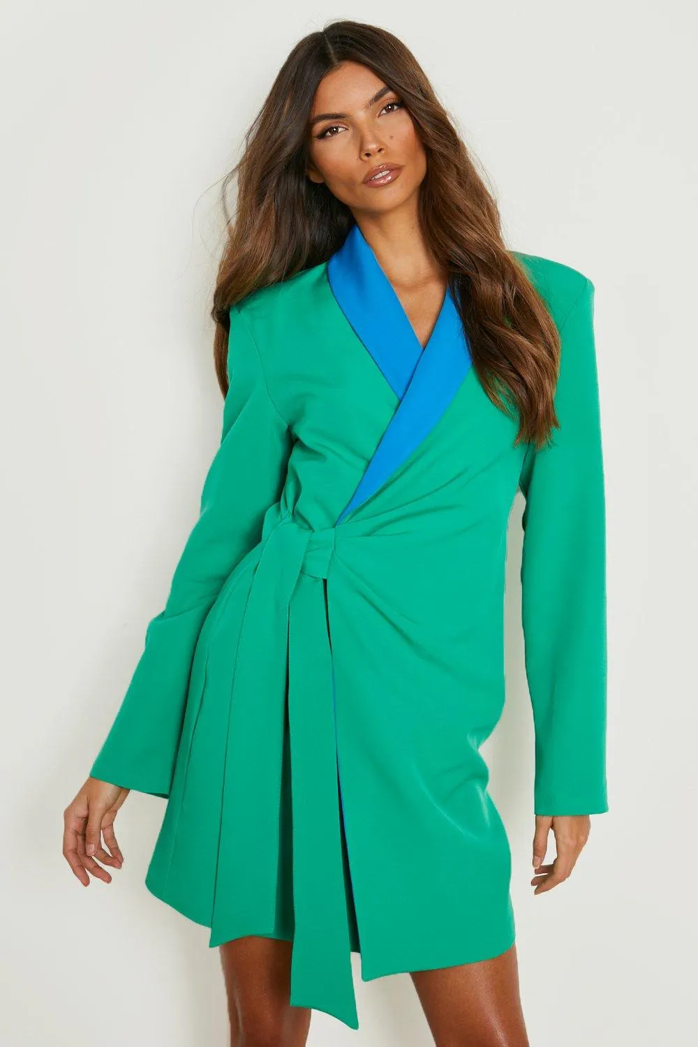 Colour Block Belted Wrap Blazer Dress