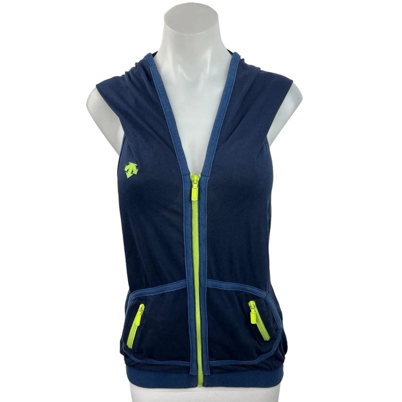 Descente Blue Zip Up Sleeveless Open Back Hooded Pockets Activewear Vest Tops 6