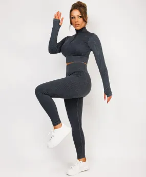 Grey Acid Washed Half Zipped Neck Ribbed Activewear Set