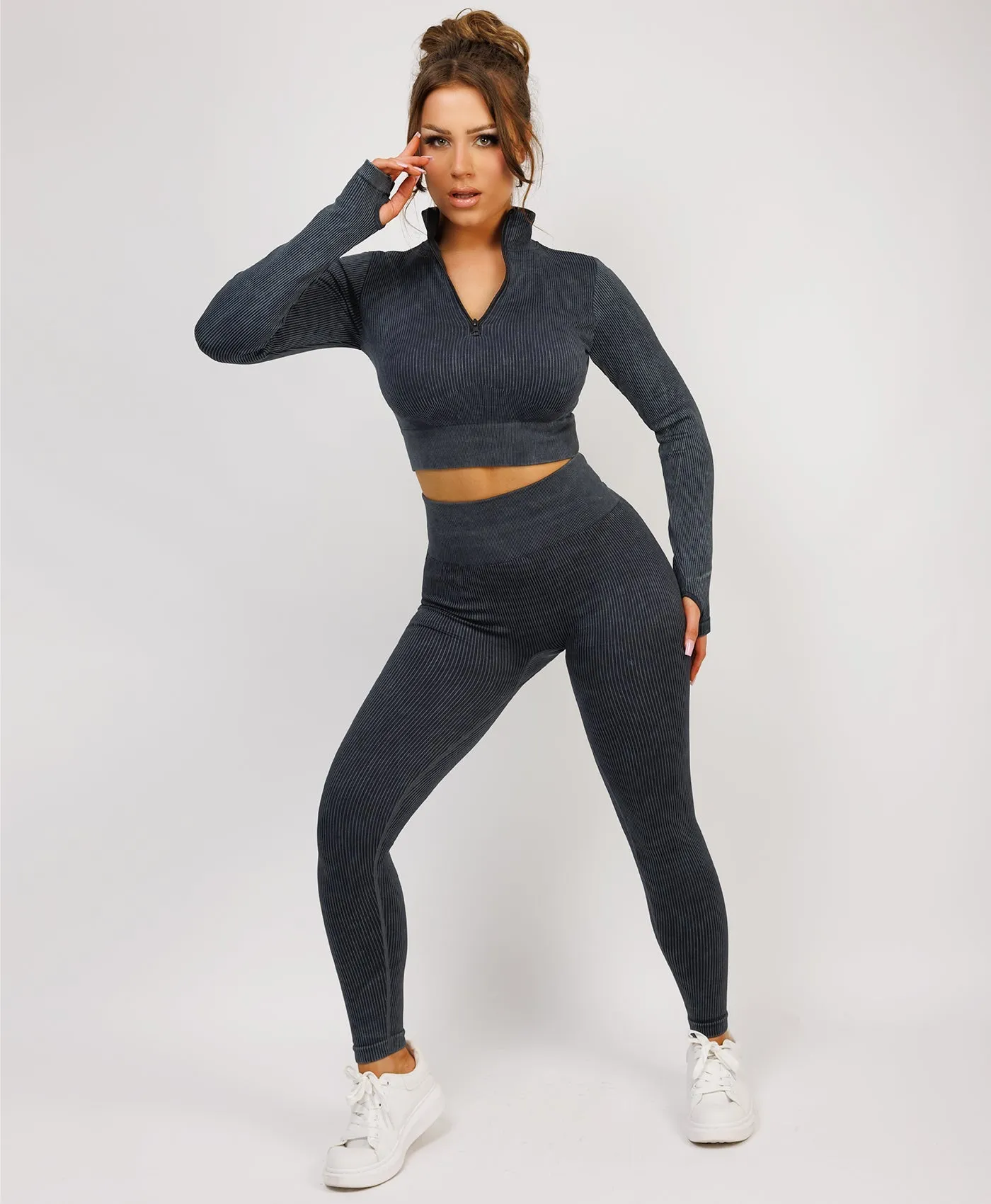 Grey Acid Washed Half Zipped Neck Ribbed Activewear Set