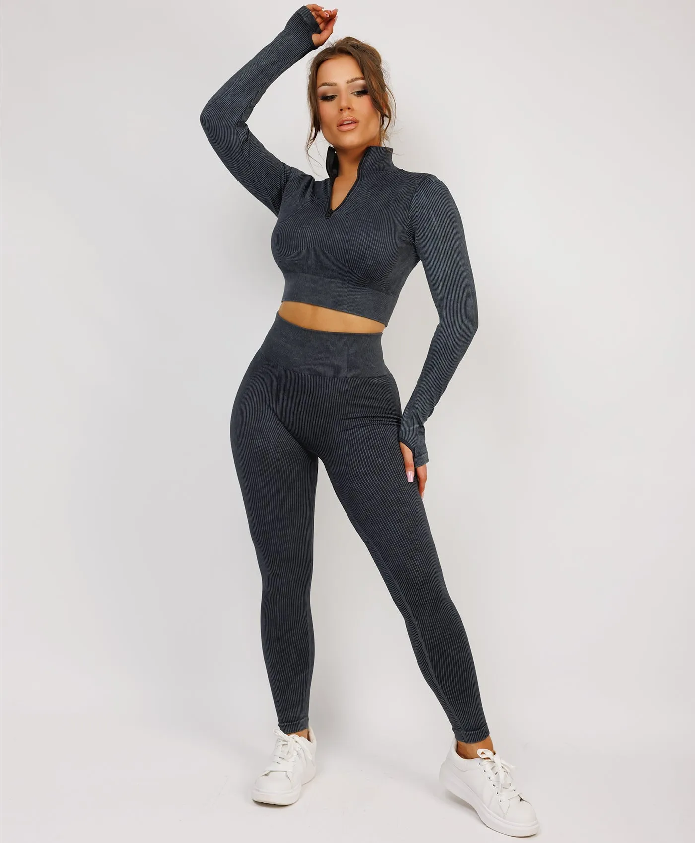 Grey Acid Washed Half Zipped Neck Ribbed Activewear Set