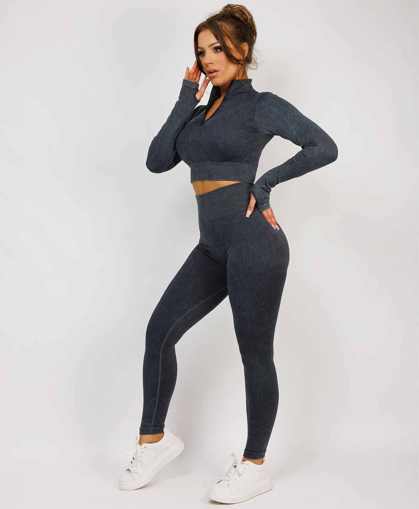 Grey Acid Washed Half Zipped Neck Ribbed Activewear Set