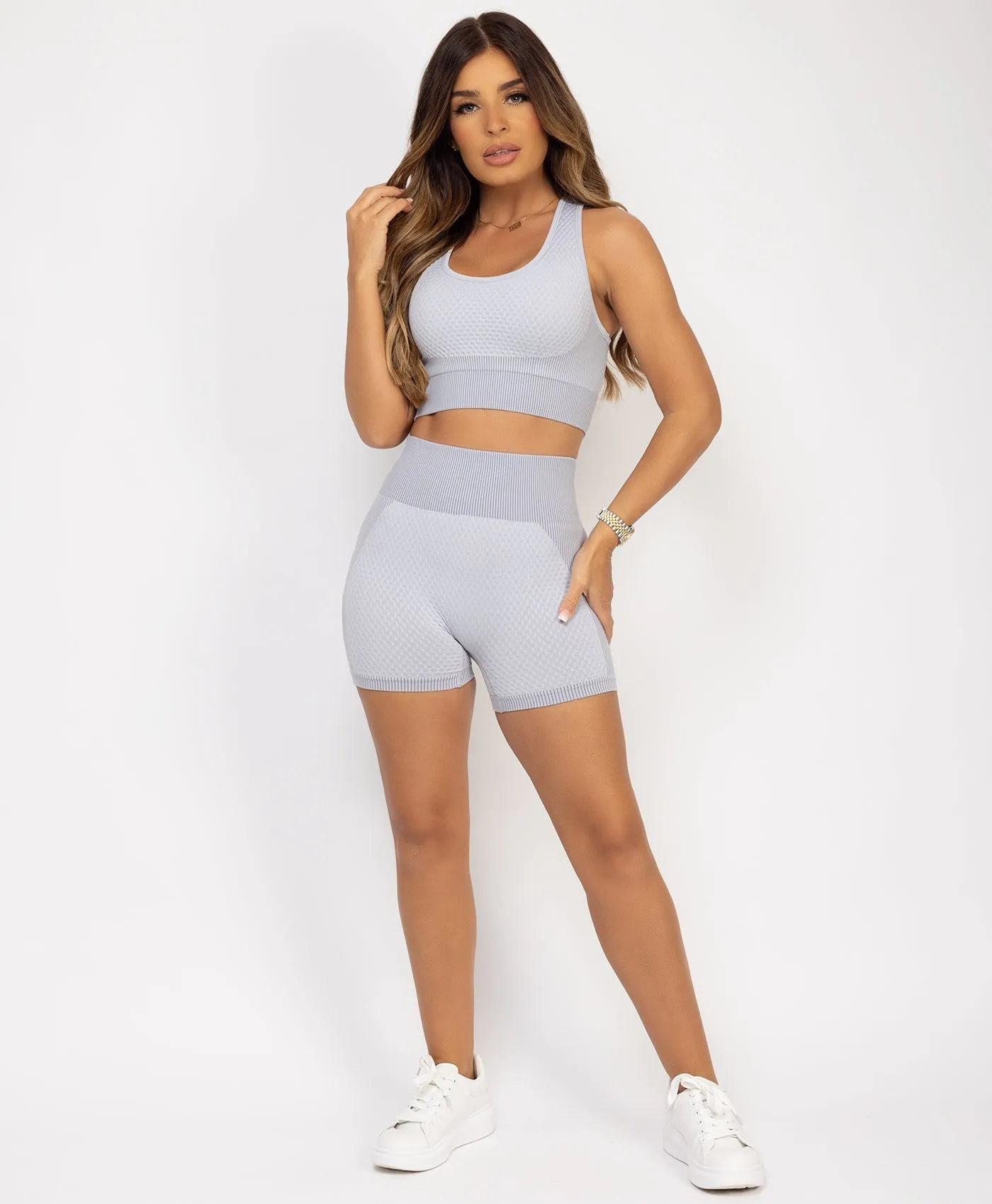 Grey Cropped Ribbed 2-Piece Activewear Set