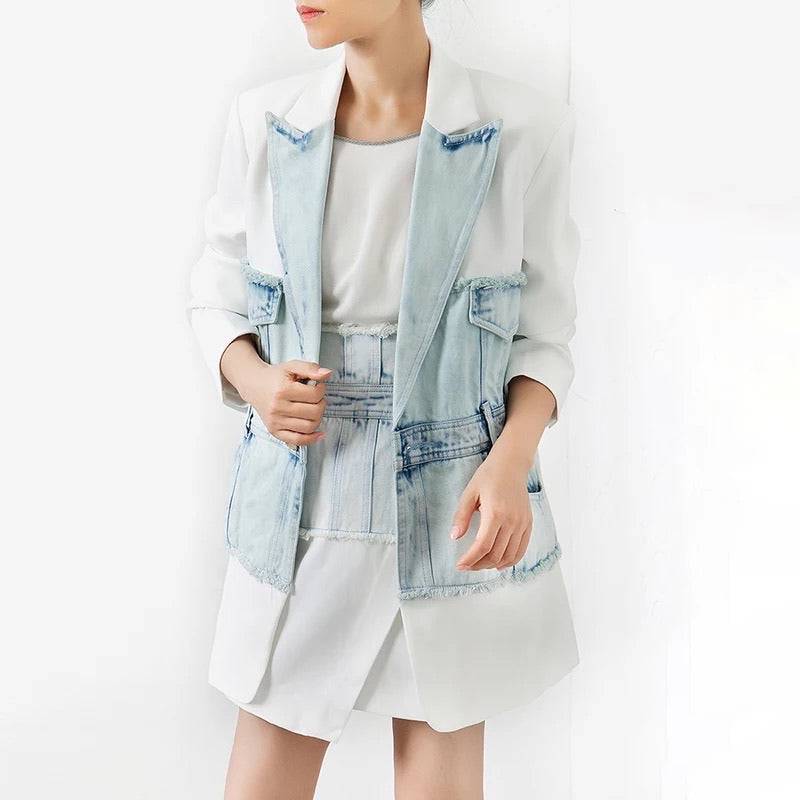 Half Denim Half Solid Long Blazer