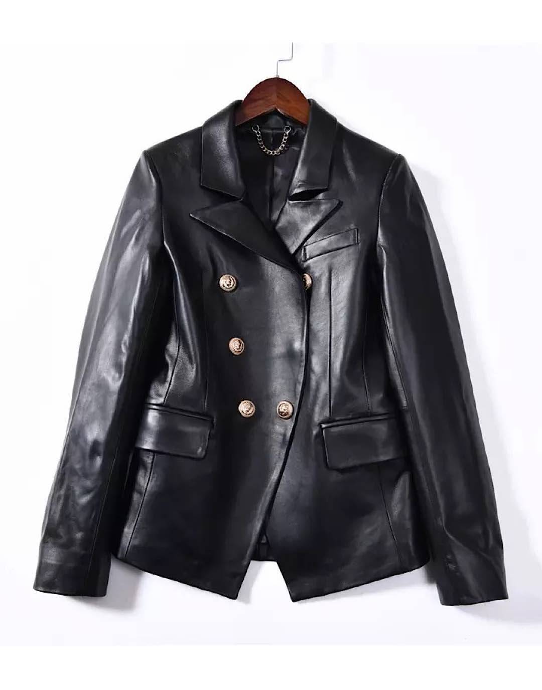 Lambskin Leather Gold Trimmed Blazer Jacket