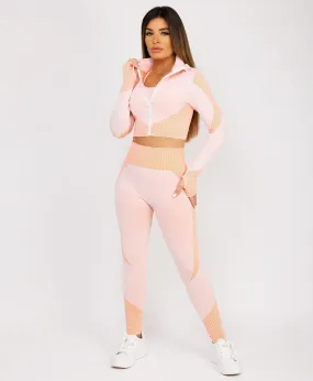 Peach Cropped Ribbed 3-Piece Activewear Set