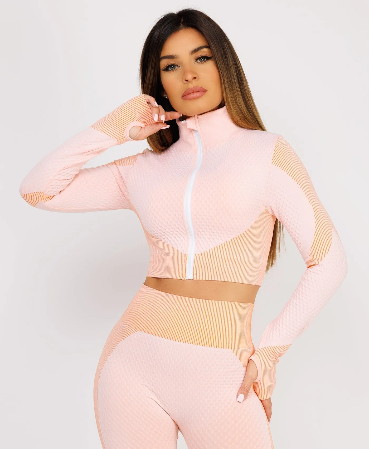 Peach Cropped Ribbed 3-Piece Activewear Set