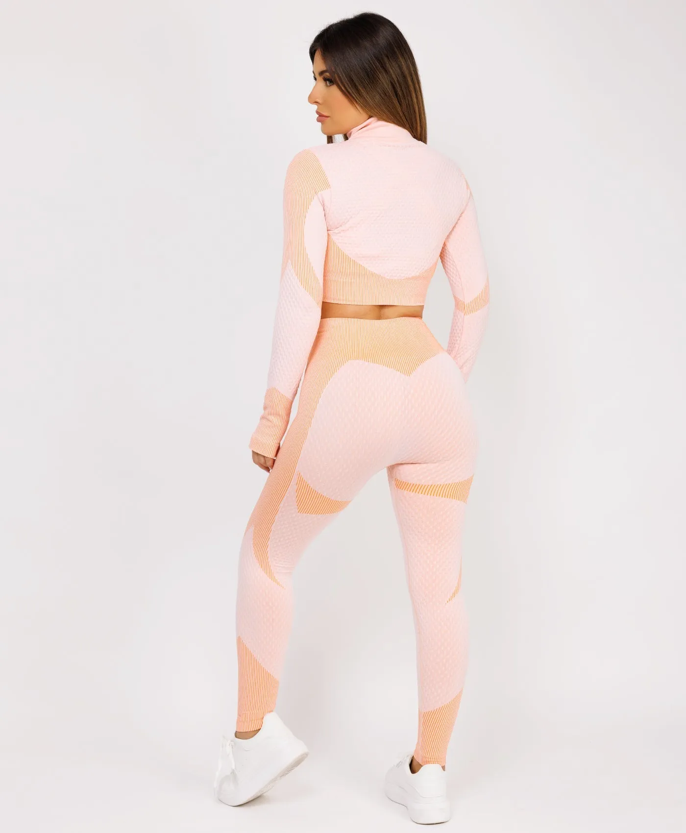 Peach Cropped Ribbed 3-Piece Activewear Set