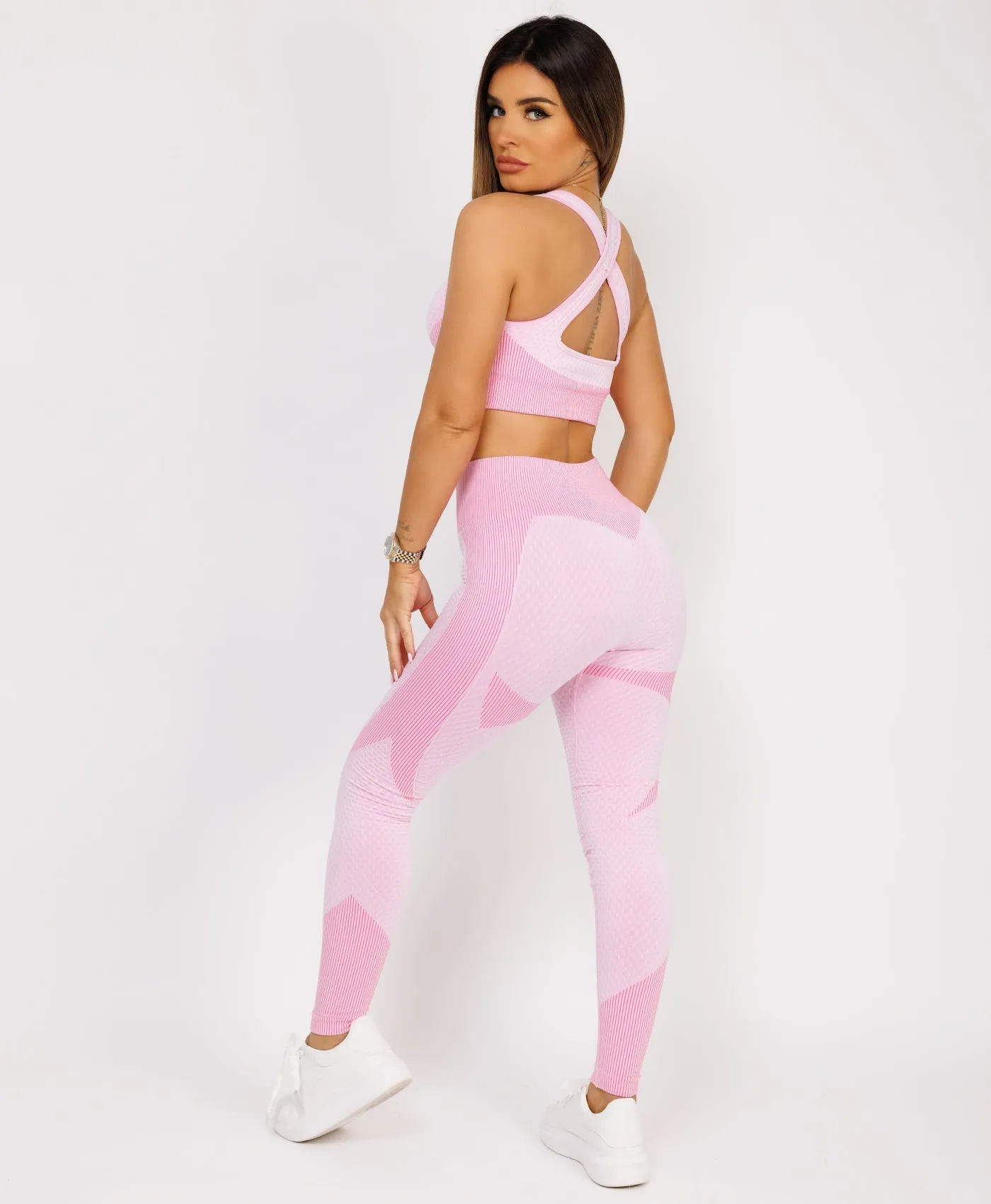 Pink Cropped Ribbed 3-Piece Activewear Set