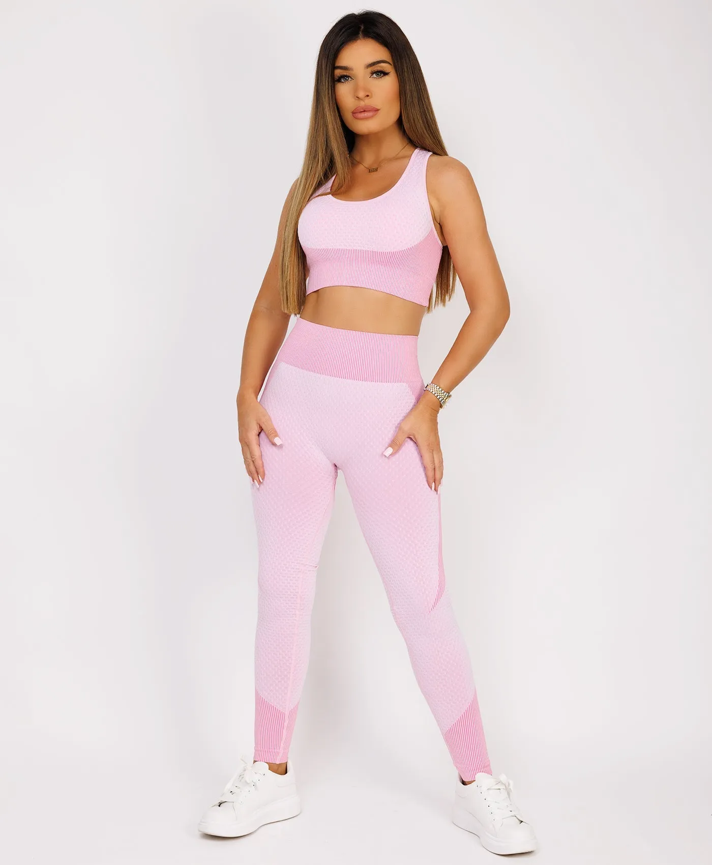 Pink Cropped Ribbed 3-Piece Activewear Set