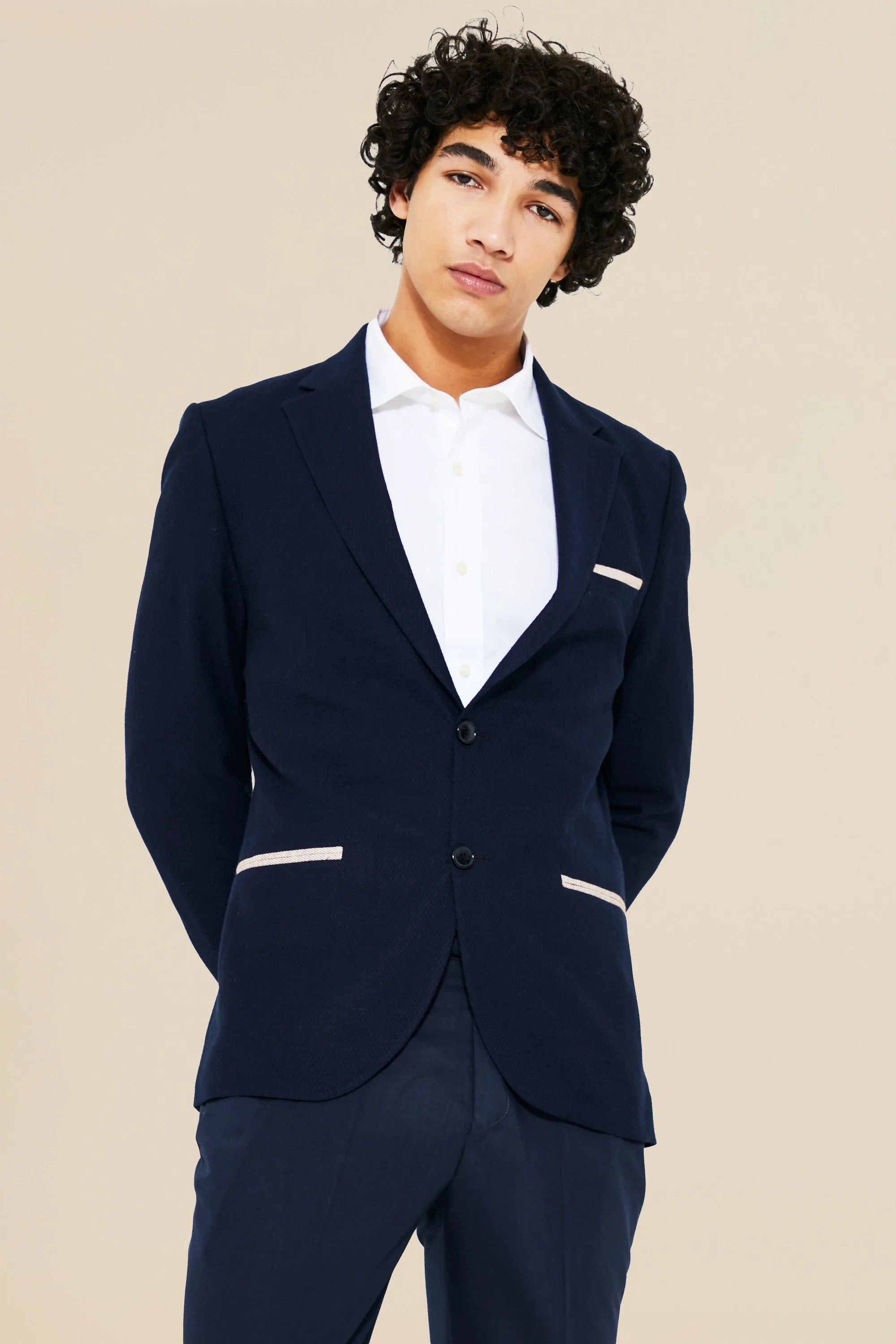 Slim Textured Piping Blazer