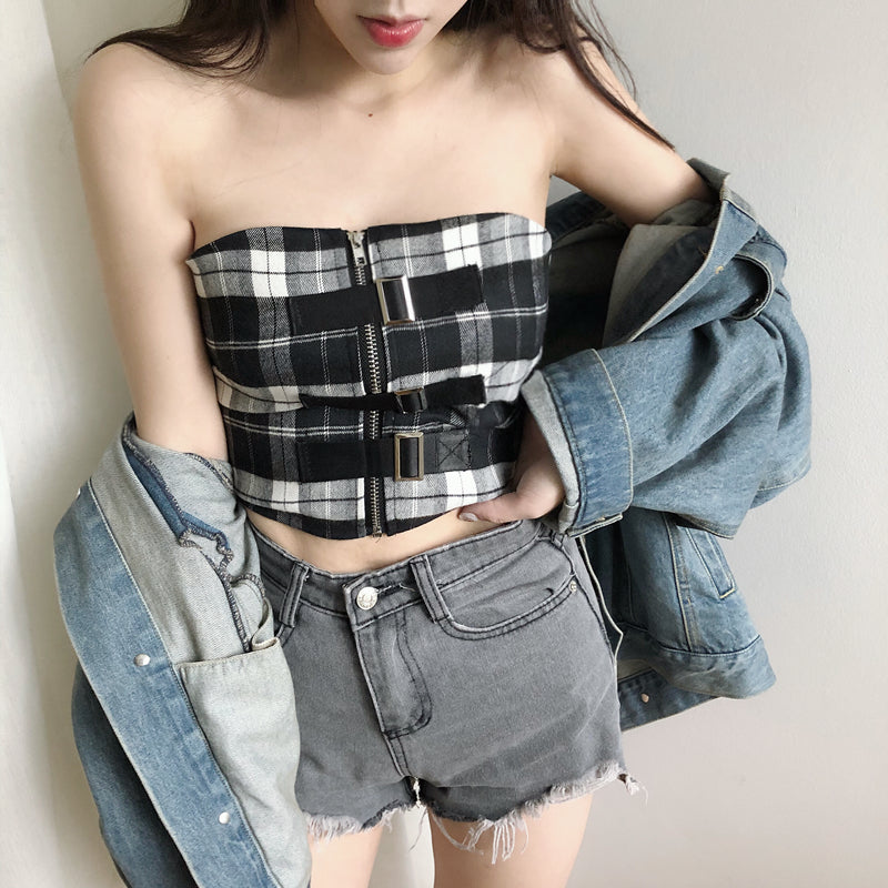 SUMMER CHECKED ZIPPER BRA JACKET BY22173