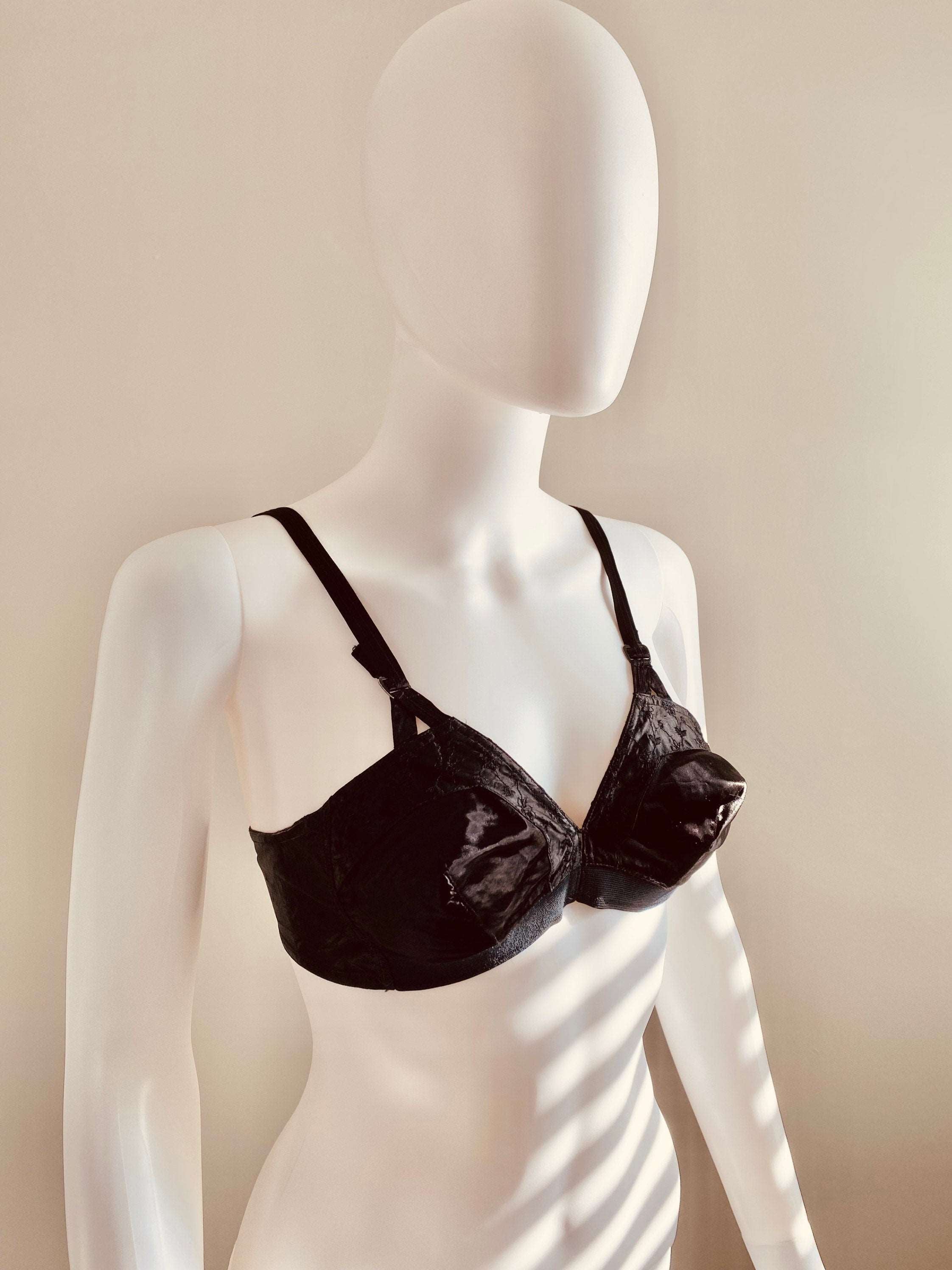 Vintage 1940s Black Satin Bullet Bra / 40s Learners Bra / 40s lingerie