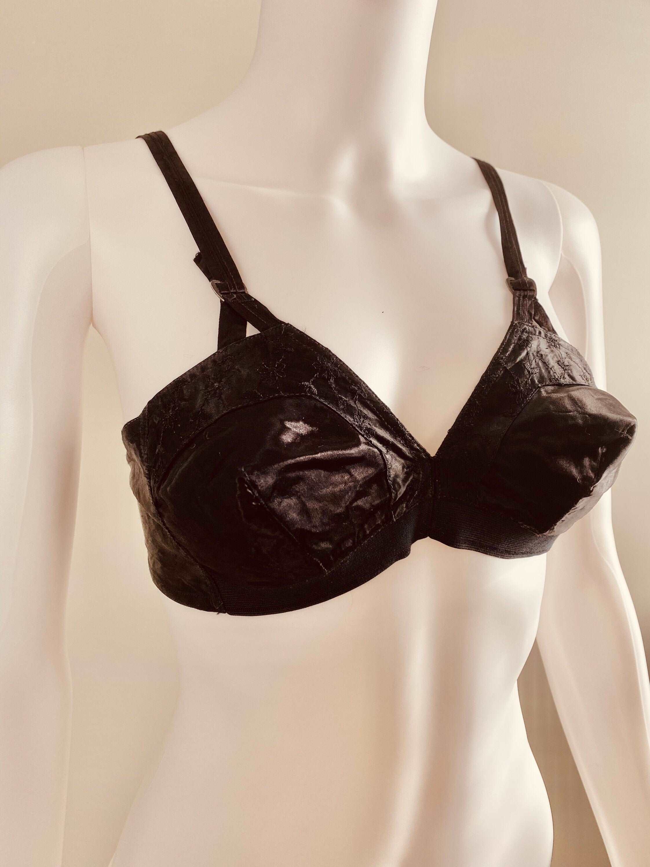 Vintage 1940s Black Satin Bullet Bra / 40s Learners Bra / 40s lingerie