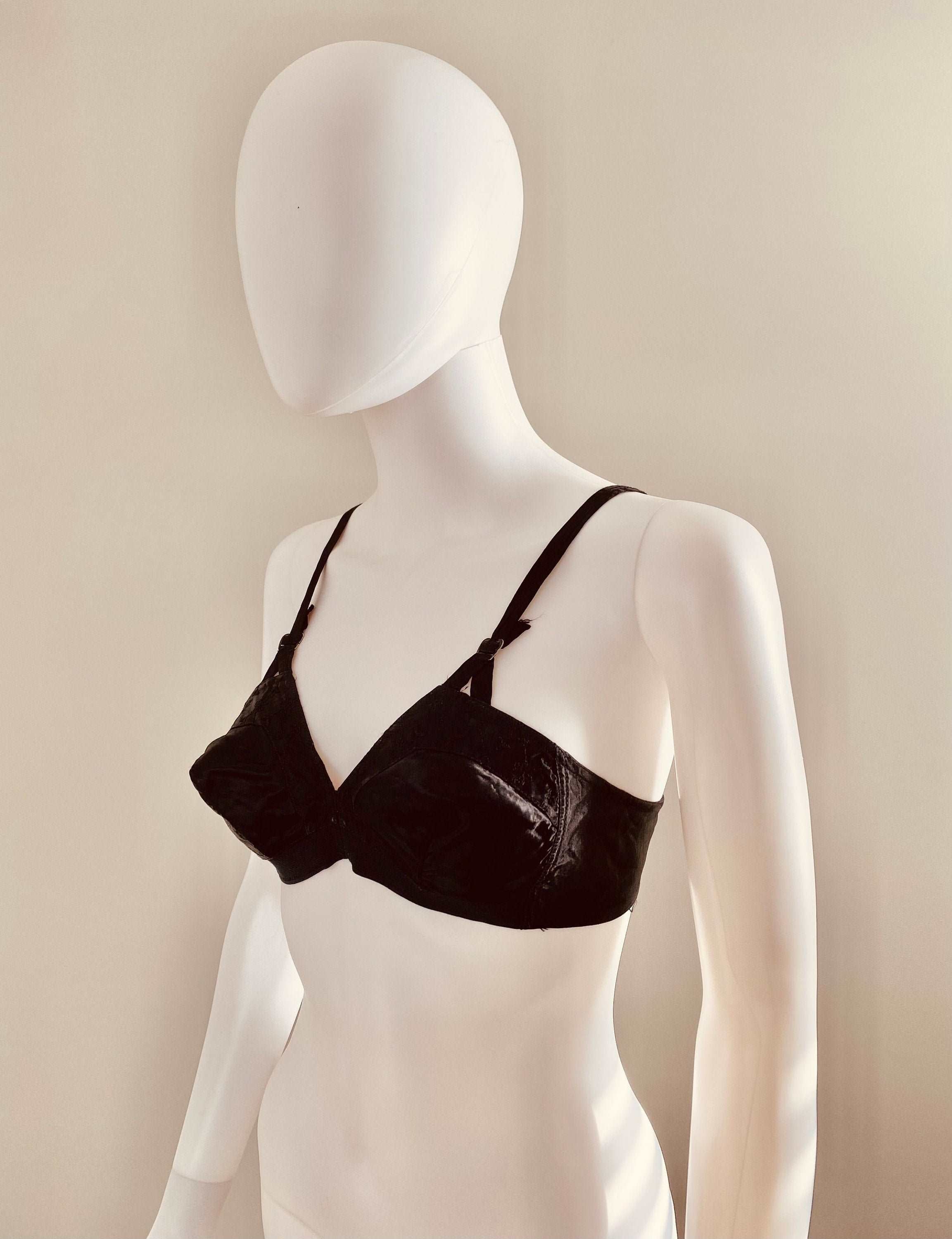 Vintage 1940s Black Satin Bullet Bra / 40s Learners Bra / 40s lingerie