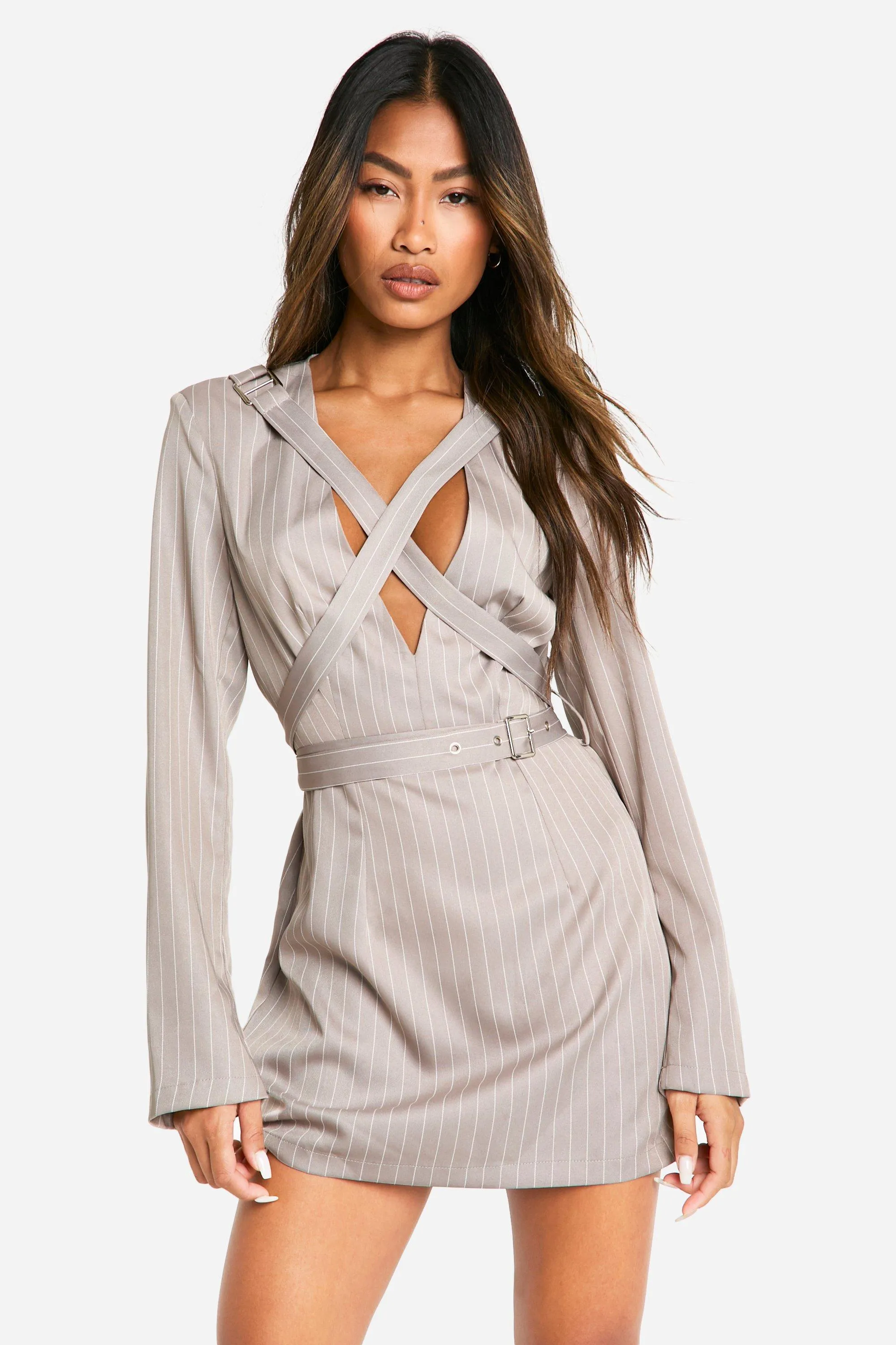 Woven Pinstripe Strap Detail Blazer Dress